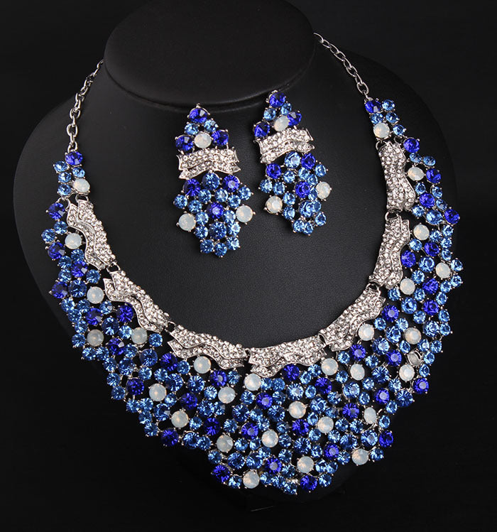 Blue diamond gemstone necklace earrings set dress dinner bride female accessories