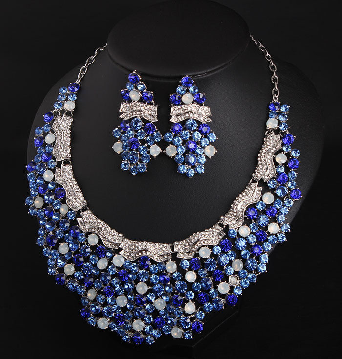 Blue diamond gemstone necklace earrings set dress dinner bride female accessories