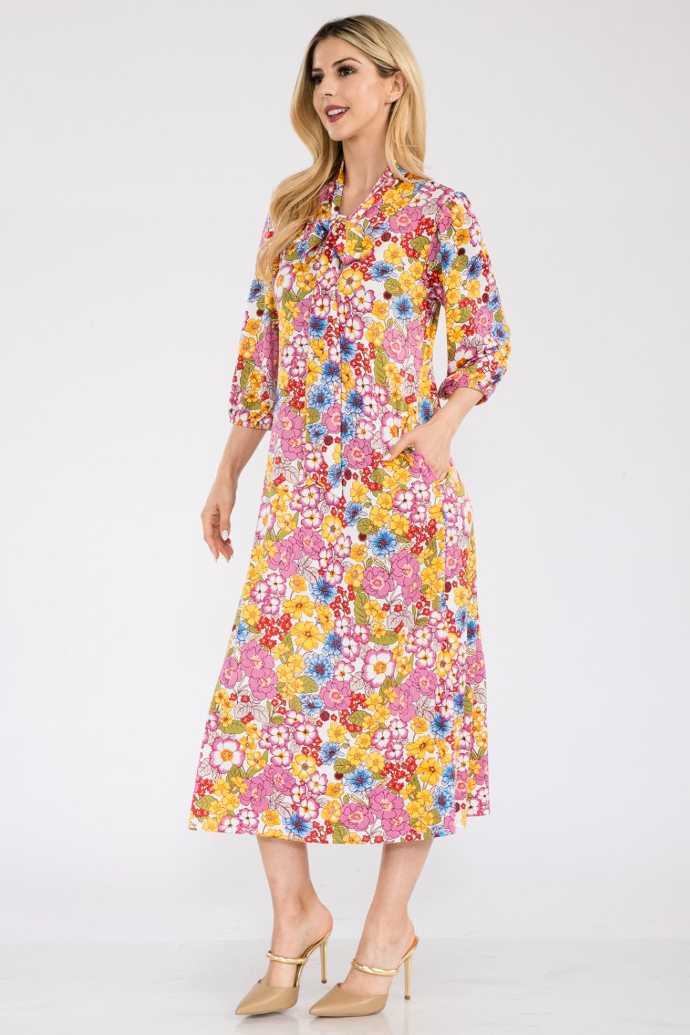 Women's Celeste Full Size Floral Midi Dress with Bow Tied