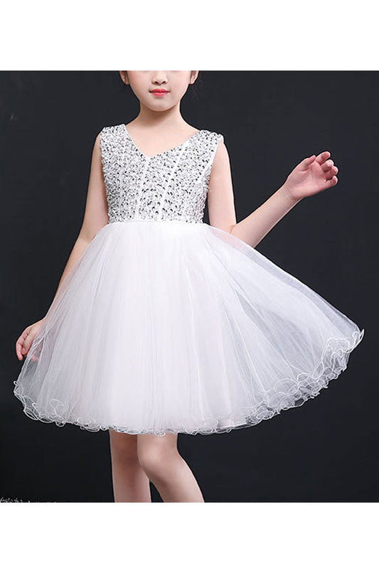 Kids Girls Beaded Bust V-Neck Pretty Wedding Dress - C9776TCKGD