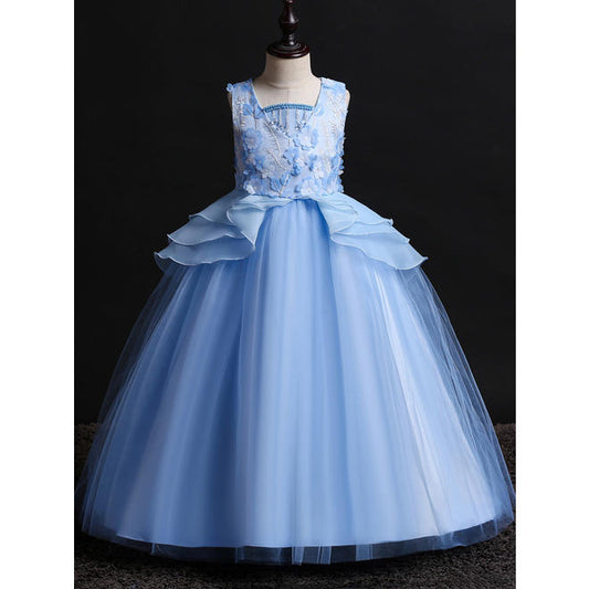 Kids Girls V-Neck Flower Lace Ball Gown Dress - C7741JPKGD