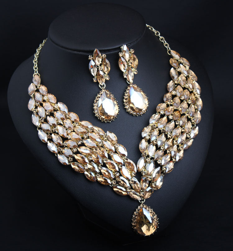 New Big Water Drop Full Crystal Wedding Jewelry Sets Statement Bridal Gold Color Clavicle Chain Necklace Birthday Gift