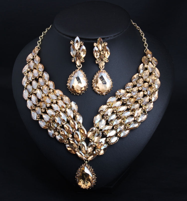 New Big Water Drop Full Crystal Wedding Jewelry Sets Statement Bridal Gold Color Clavicle Chain Necklace Birthday Gift