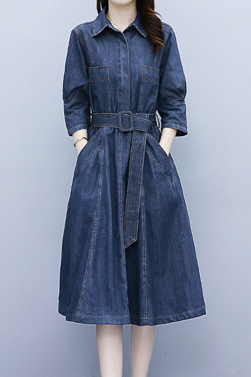 Women Stylish Collar Short Sleeve Awesome Solid Colored Mid-Length Autumn Casual Denim Dress - C2524UD