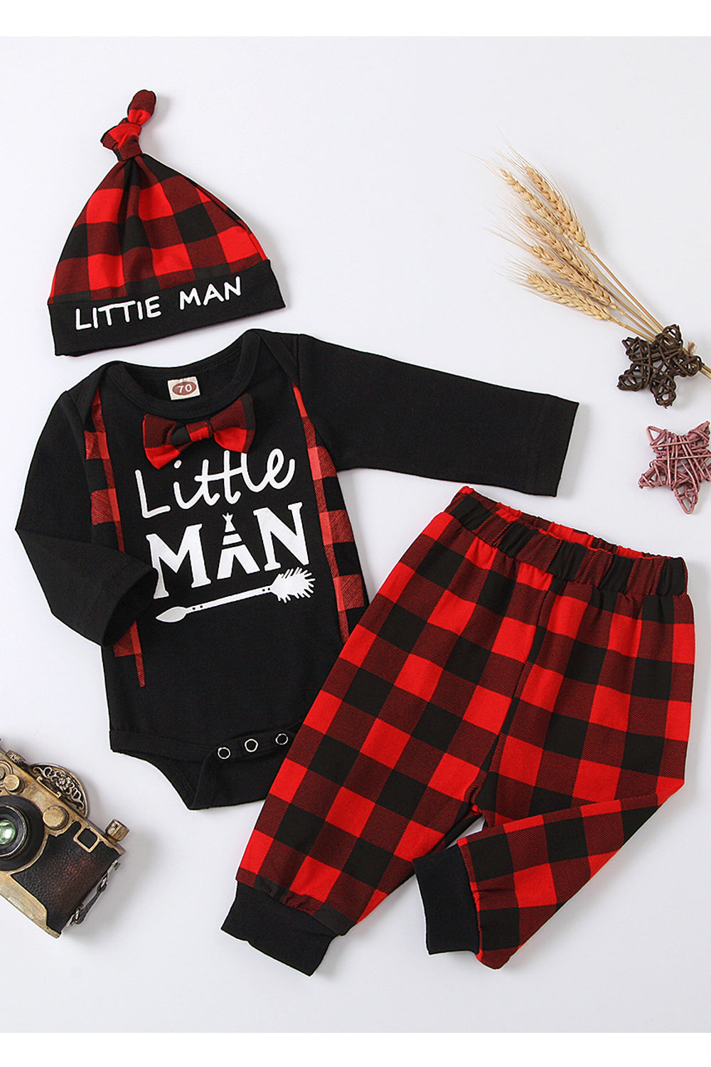 Baby Boys Outstanding Plaid Pattern Bow Attached Round Neck Long Sleeve Elasticated Waist Soft Outfit Set - BTBO67987