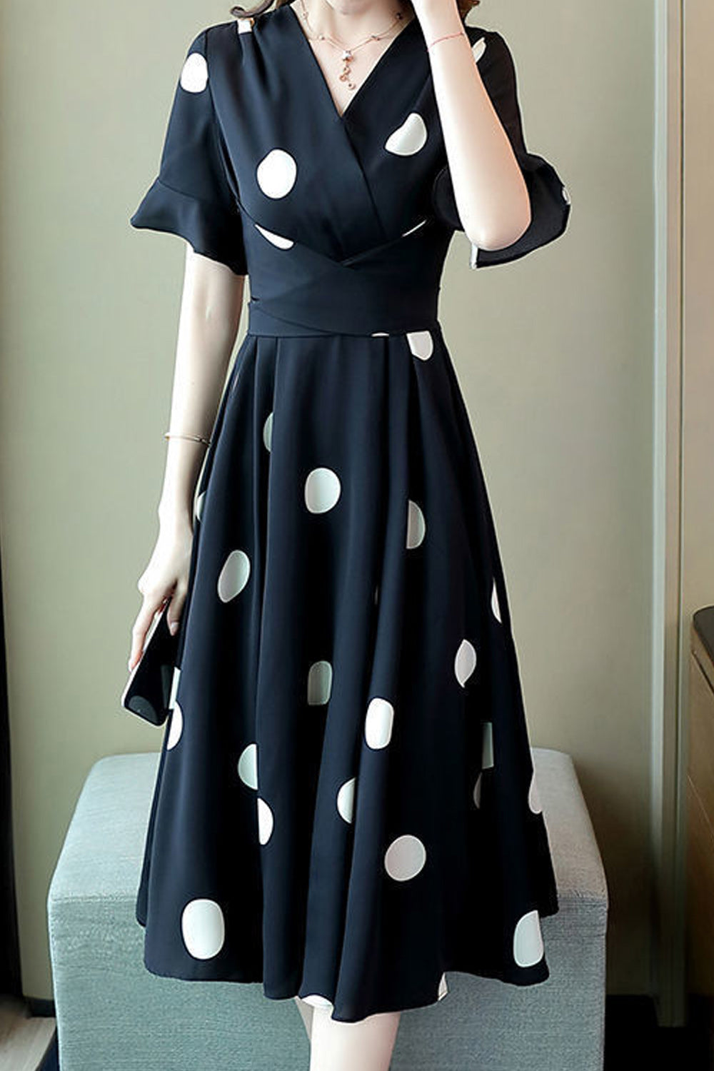 Women Ventilated Mid Length Summer Short Sleeve Outing Polka Dotted Dress - WDC60141