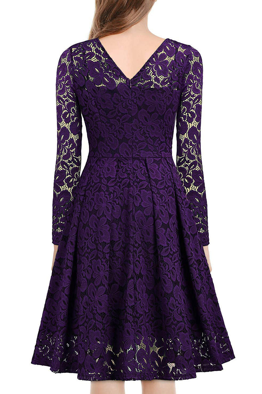 Women Alluring Lace Pattern Long Sleeve V-Neck Knee Length Beautiful Dress - WDC60209