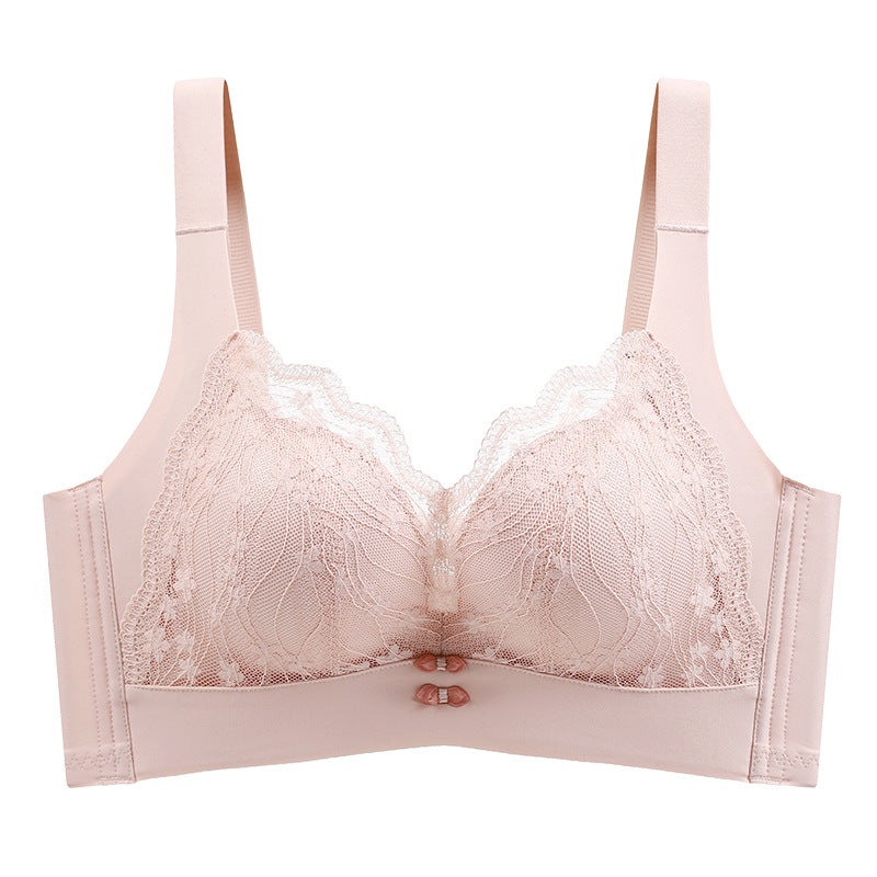 Underwear for women with large breasts showing small and thin adjustable push-up lace seamless and wire-free push-up bra to collect secondary breasts