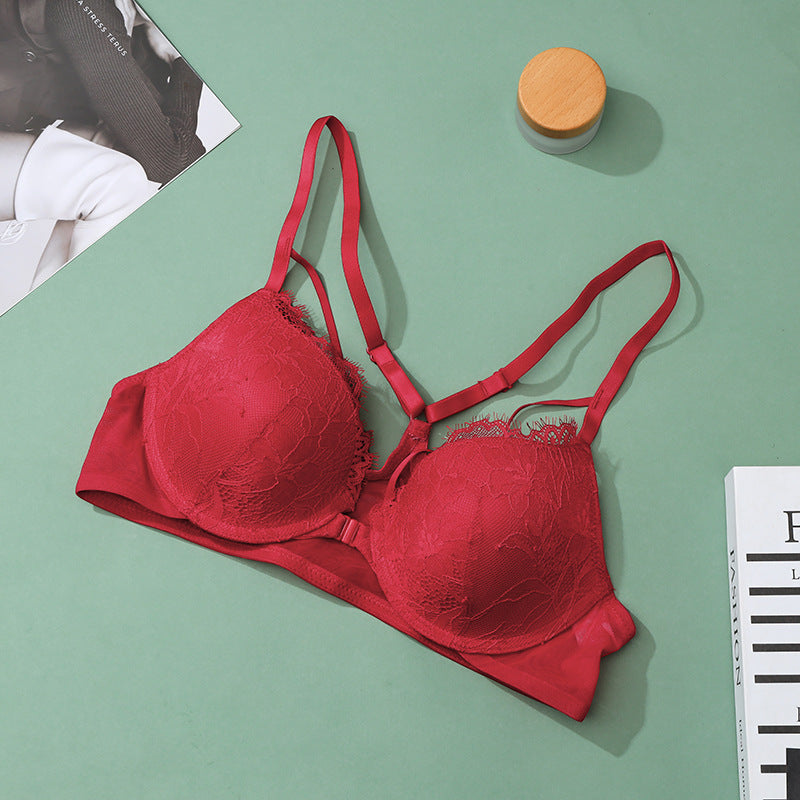 Women front buckle bra sexy lace red zodiac year underwear gathered small chest anti-sagging thin women's bra