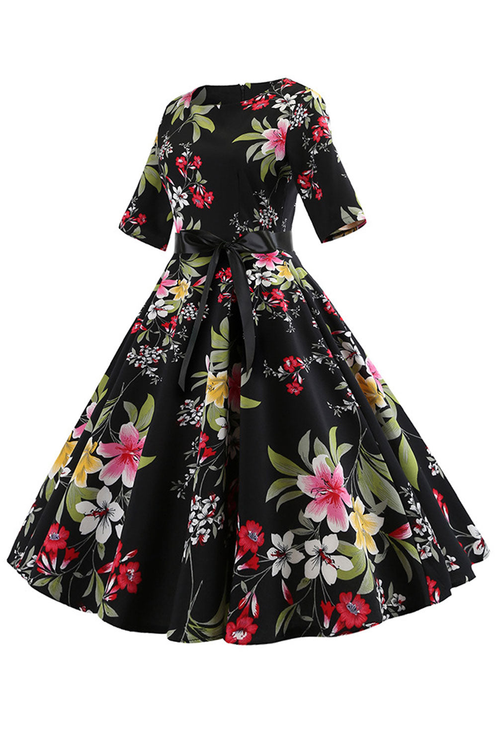 Women Lovely Floral Printed Short Sleeve Round Neck Ribbon Waist Elegant Swing Skirt Dress - WDC60012