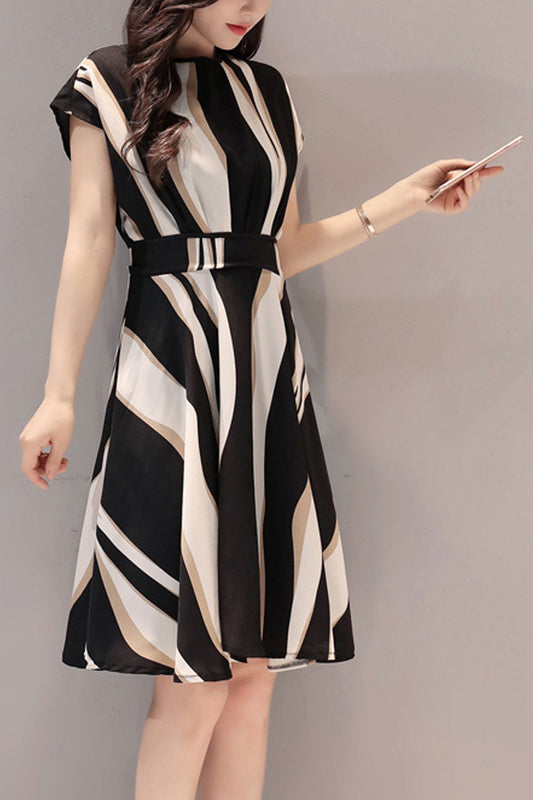 Women Outclass Zebra Printed Cap Sleeve Round Neck Mid-Length Mini Skirt Dress - WD117662