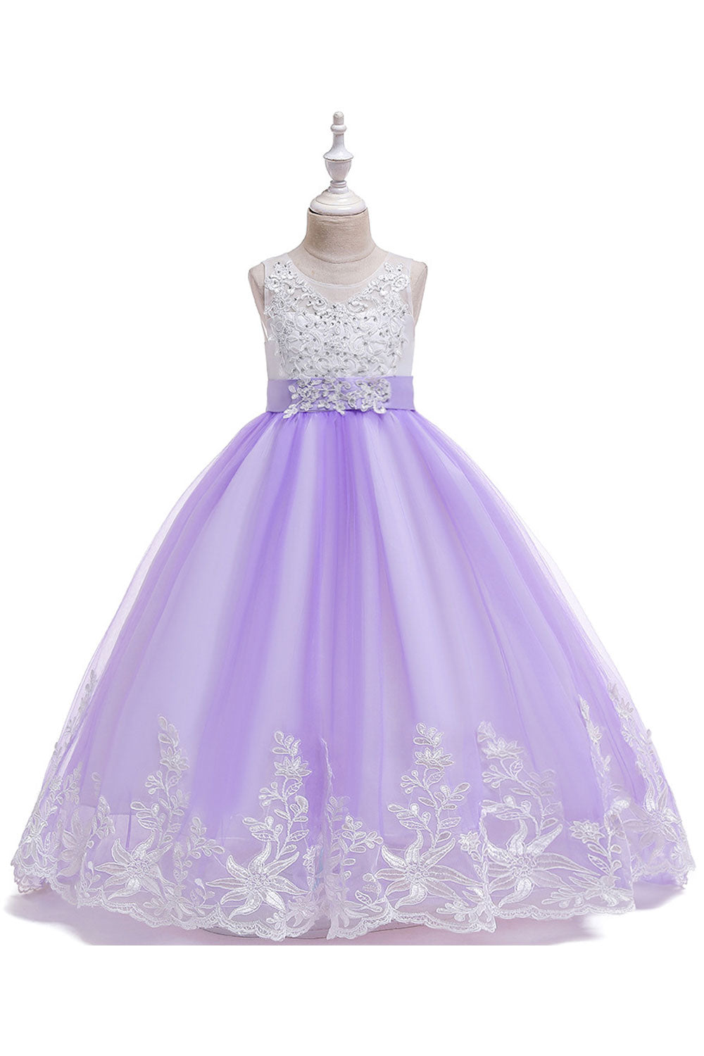 Kids Girls Elegant Lace Pattern Sleeveless Round Neck Beautiful Long Length Princess Dress - KGD114654