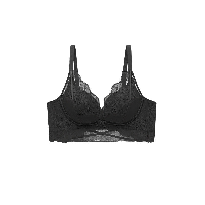 Girls Sexy Lace Underwear Women's Wire-free Small Chest Showing Big Upper Lifting Anti-Sagging Bra Set