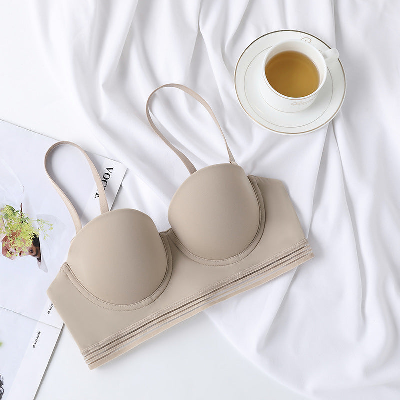 Seamless half cup underwear for women with small breasts, gathered to show big thin style, side breasts and anti-sagging autumn soft steel ring bra