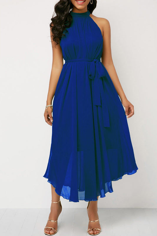 Women Solid Colored Thin Ventilated Halter Neck Thin Mesh Skirt Elegant Chiffon Dress - C409ZWD