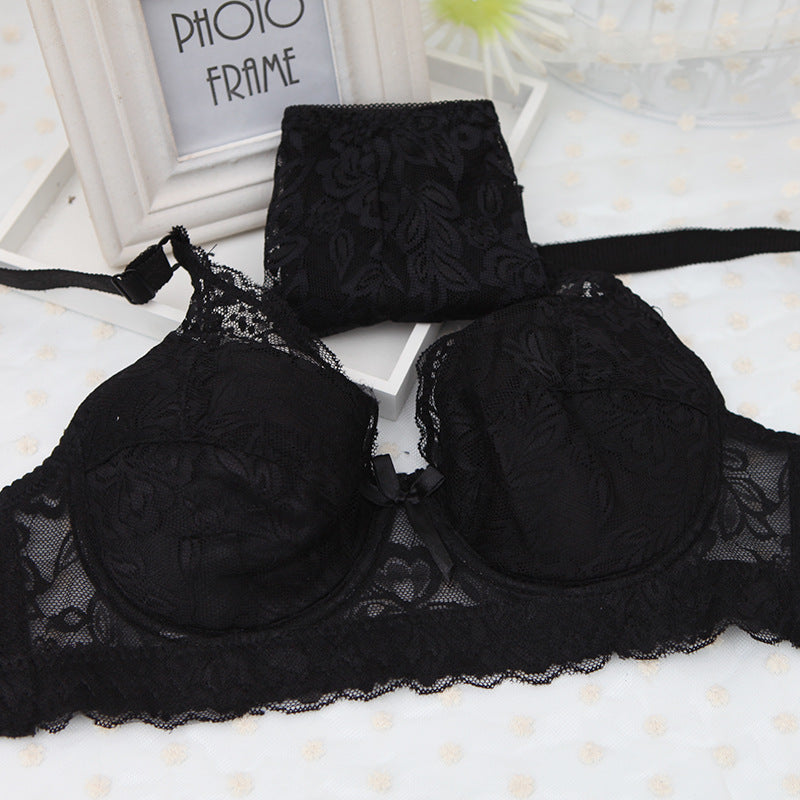 Ultra-thin full lace sexy thin cotton cup set bra plump large cup BC underwear female