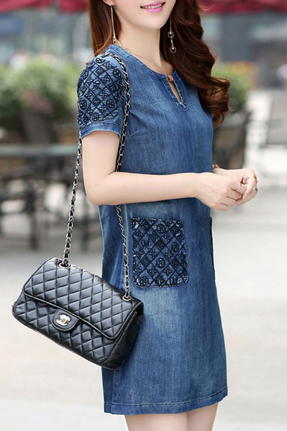 Women Short Sleeve Casual Mid Length Pocket Styling Elegant Soft Denim Dress - WD66527