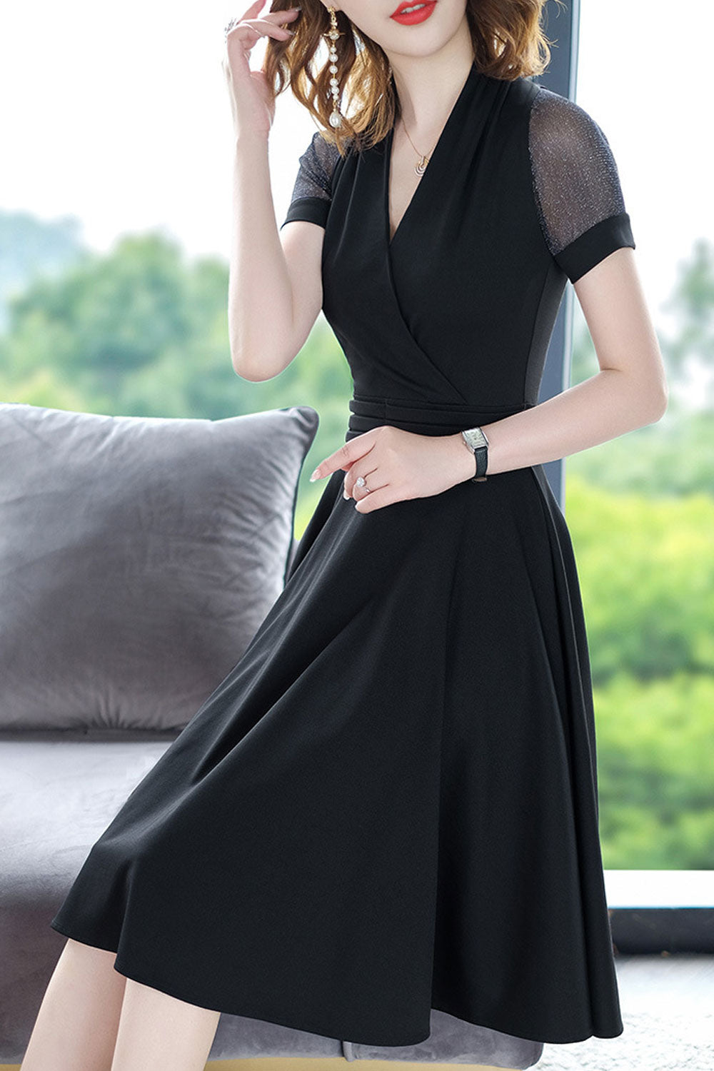 Women Thin Solid Pattern Mid Length Short Sleeve V-Neck Elegant Dress - WDC60195