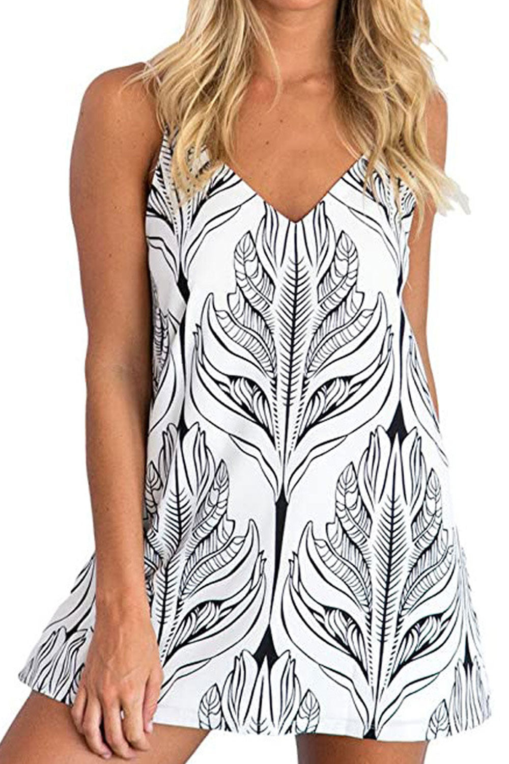 Women Restful Printed Pattern Strap Shoulder V-Neck Attractive Comfortable Summer Short Dress - WD117648