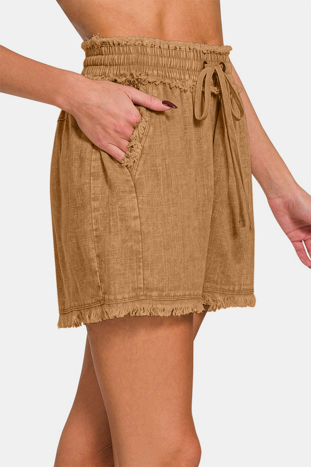 Women's Zenana Washed Linen Frayed Hem Drawstring Shorts