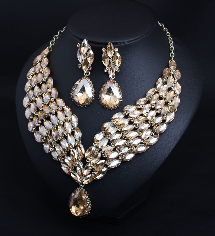 New Big Water Drop Full Crystal Wedding Jewelry Sets Statement Bridal Gold Color Clavicle Chain Necklace Birthday Gift