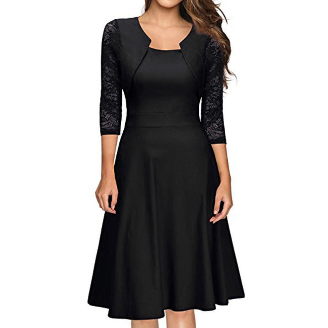 Women Square Neck 3/4 Sleeve Halter Dress - C2565ZWSB