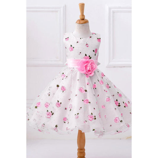 Kids Girls Flower Decorated Waist Floral Printed Sleeveless A-Line Skirt Dress - C597KMKGD