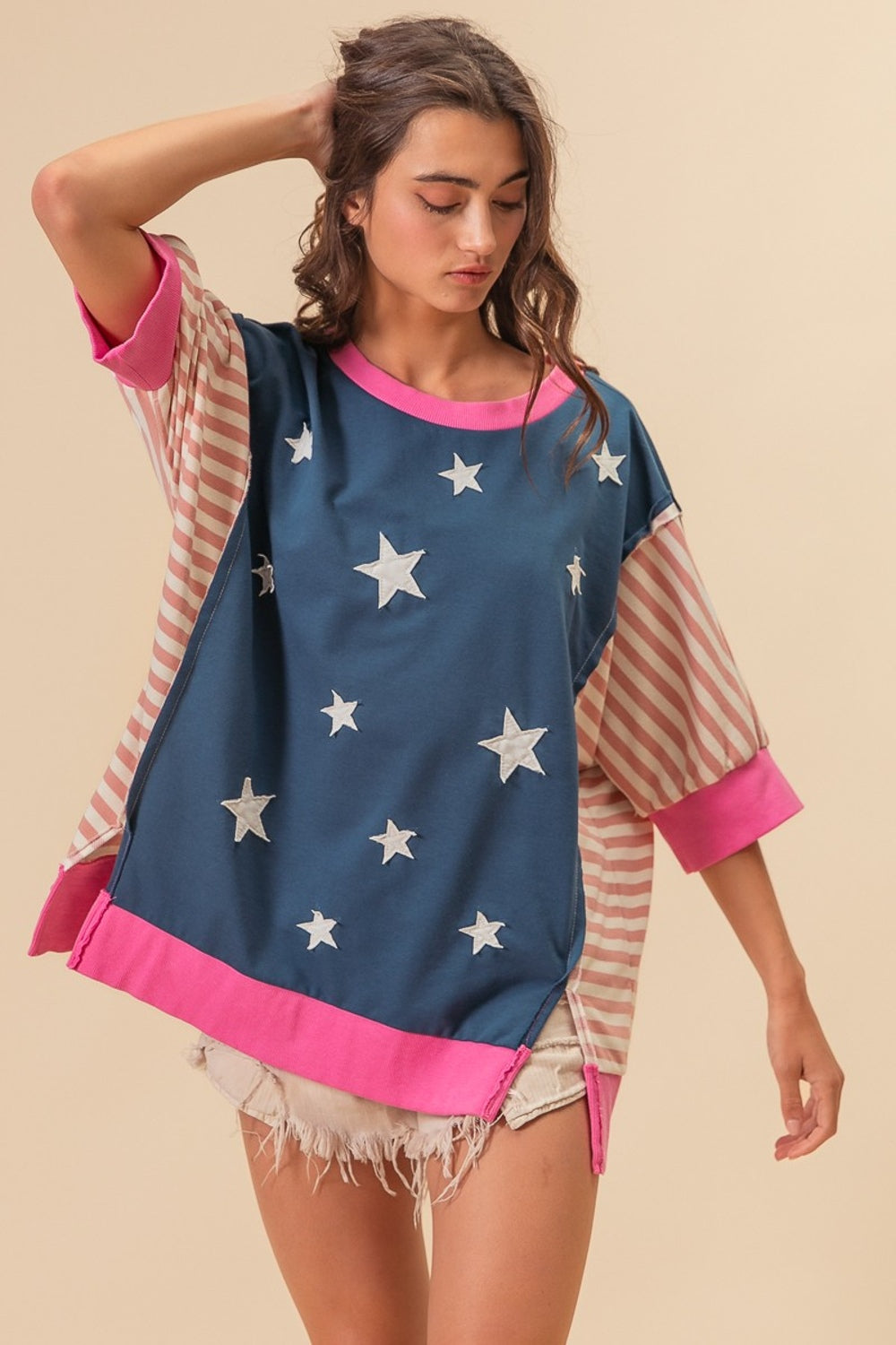 Women's BiBi US Flag Theme Color Block Star Patch T-Shirt