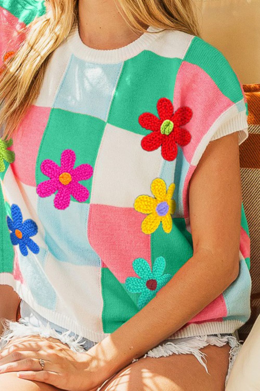 Women's BiBi Flower Patch Checkered Sweater Vest