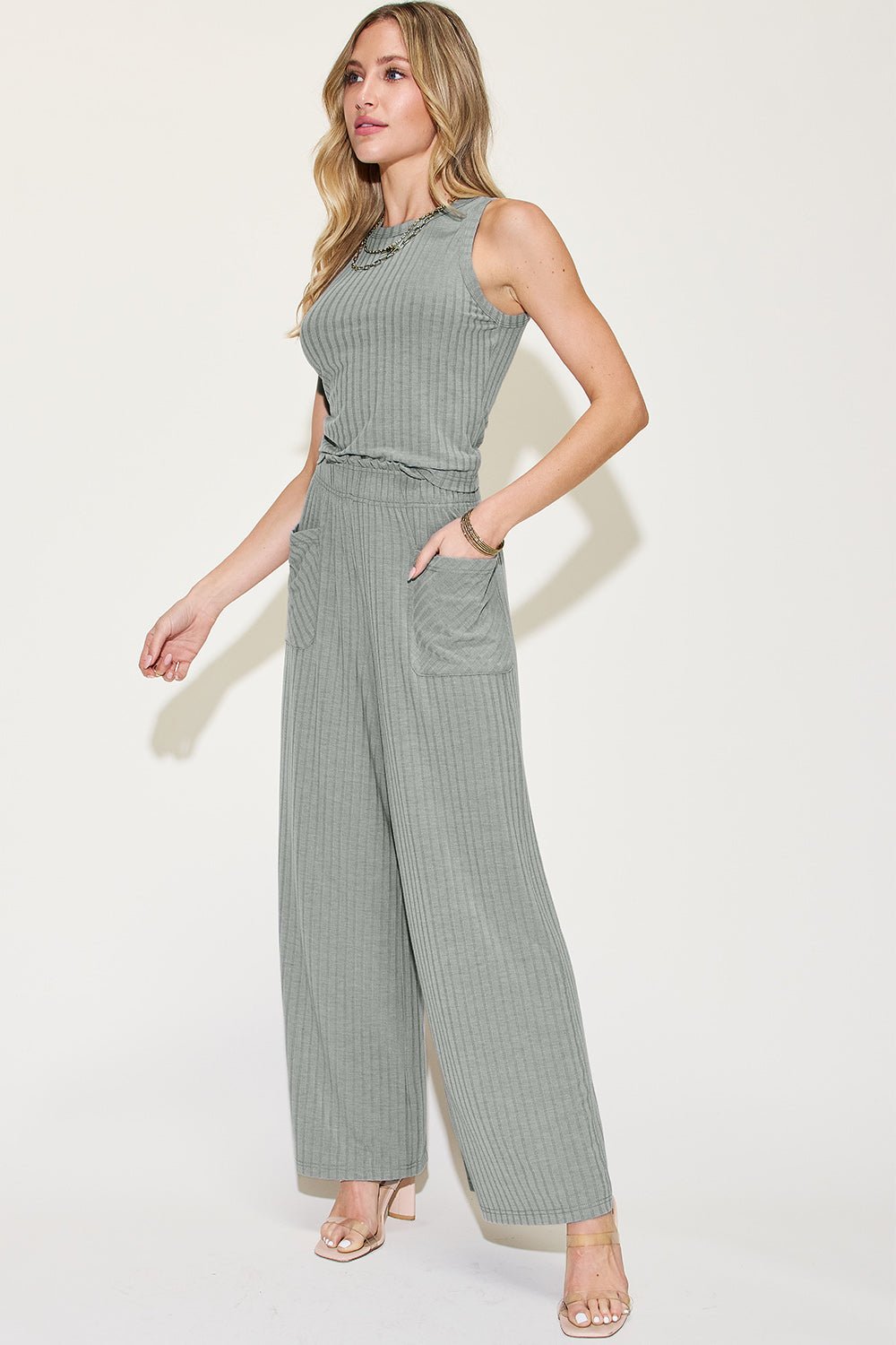 Women's Basic Bae Full Size Ribbed Tank and Wide Leg Pants Set