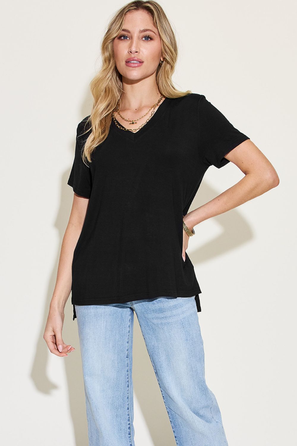 Women's Basic Bae Full Size V-Neck High-Low T-Shirt