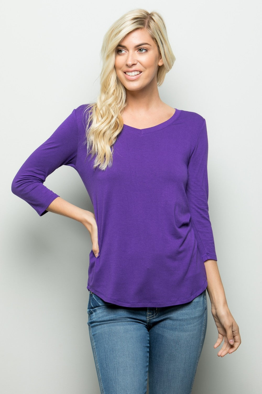 Women's Celeste Full Size Three Quarter Sleeve V-Neck T-Shirt