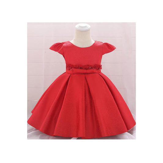 Baby Toddler Girls Bow Decorated Smooth Solid Colored Pleated Skirt Beautiful Dress - C12631TCBGD