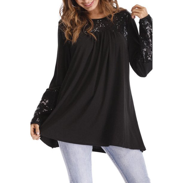 Women Shimmer Sequin Bust Neck Long Sleeves Top - C1271KMSB