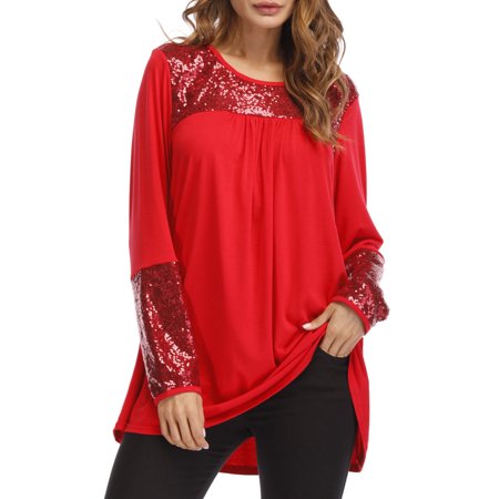 Women Shimmer Sequin Bust Neck Long Sleeves Top - C1271KMSB