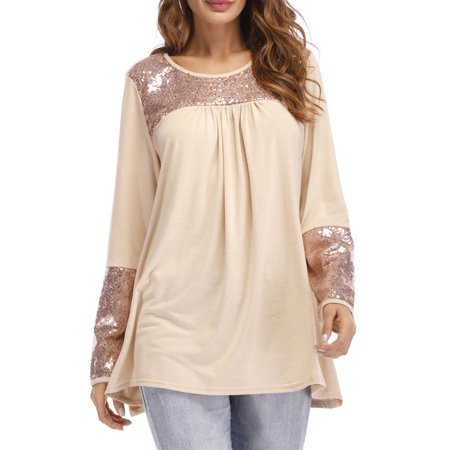 Women Shimmer Sequin Bust Neck Long Sleeves Top - C1271KMSB