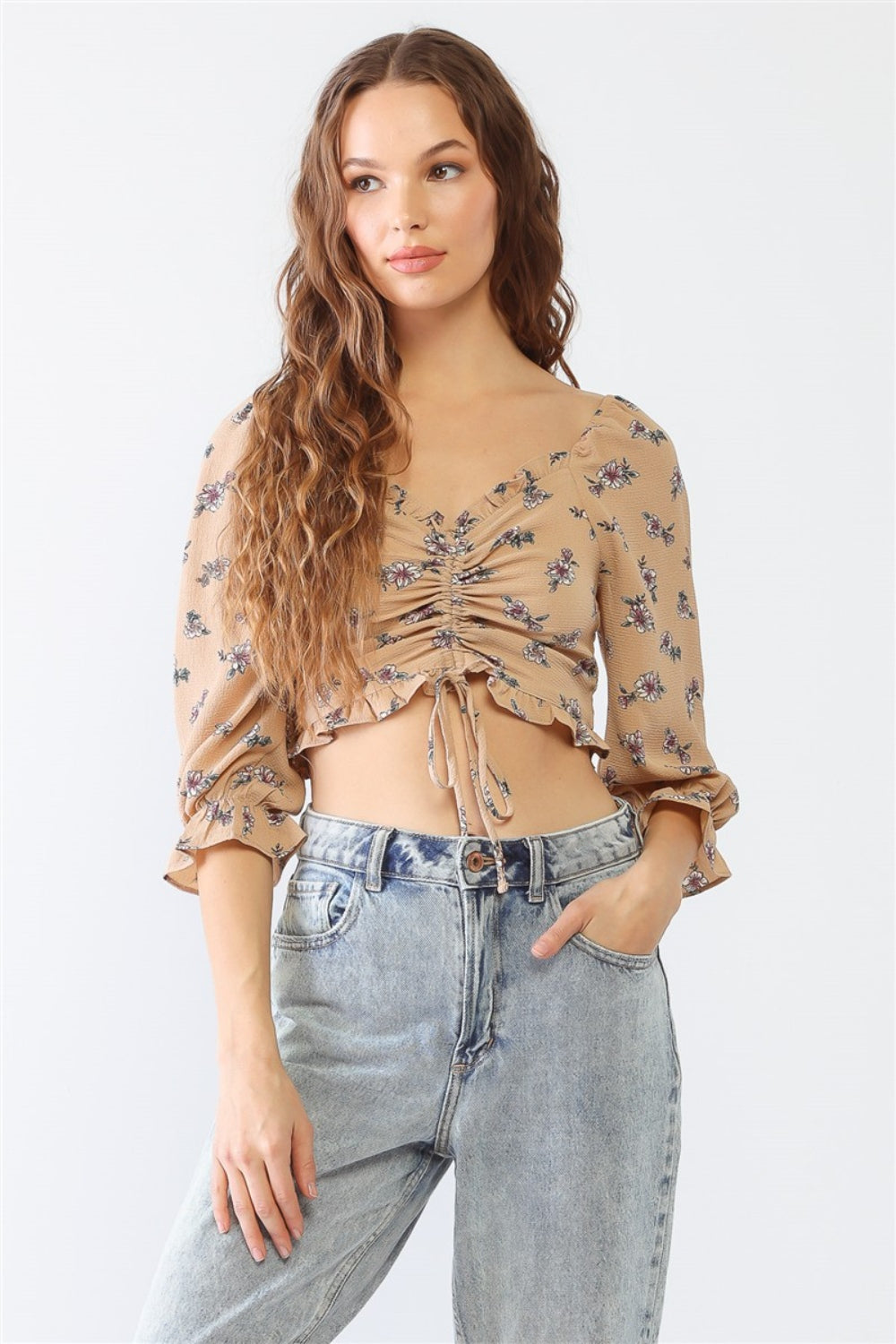 Women's Miss Love / Kevin Co. Floral Ruffle Smocked Back Ruched Crop Top