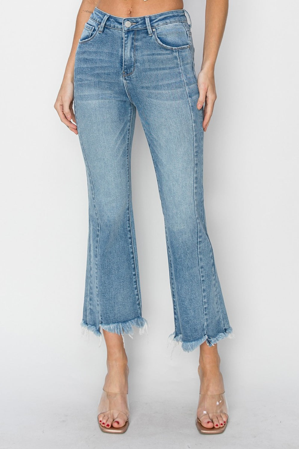 Women's RISEN Full Size High Rise Frayed Hem Flare Jeans