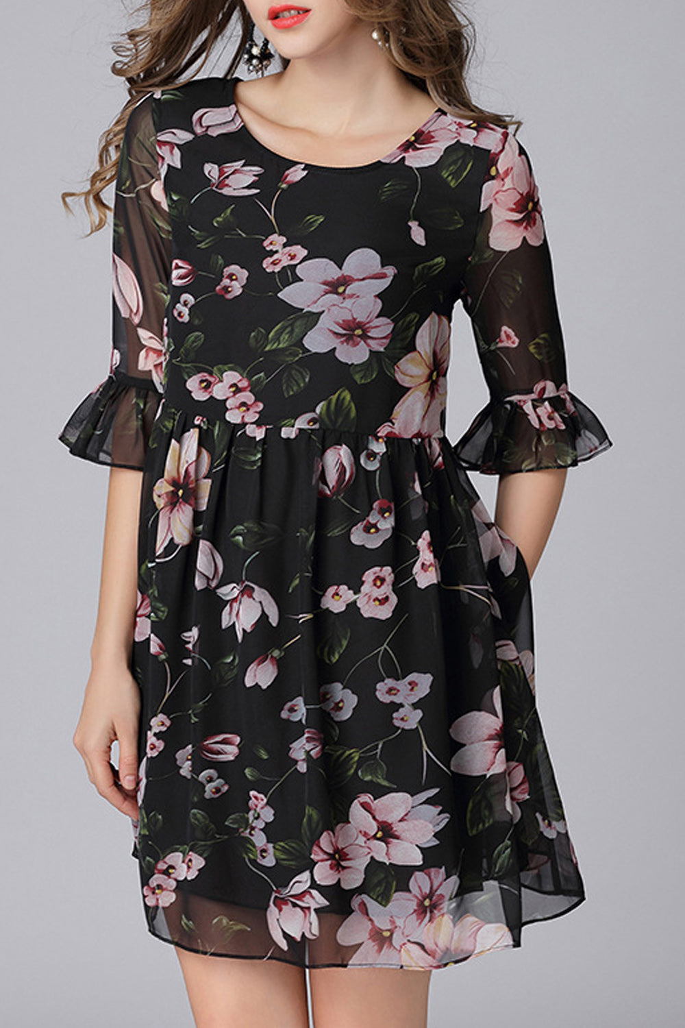 Women Pretty Flower Pattern Easy Round Neck Chiffon Casual Loose Breathable Half Sleeve Dress - WD66692