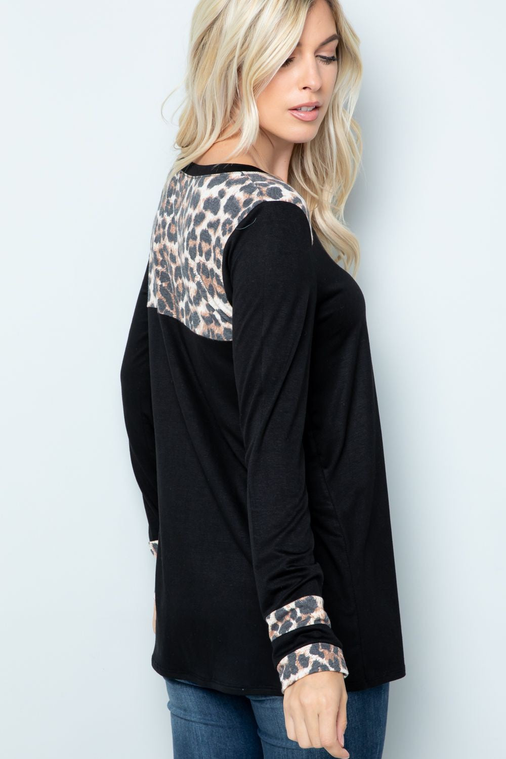 Women's Celeste Full Size Long Sleeve Leopard Spliced T-Shirt