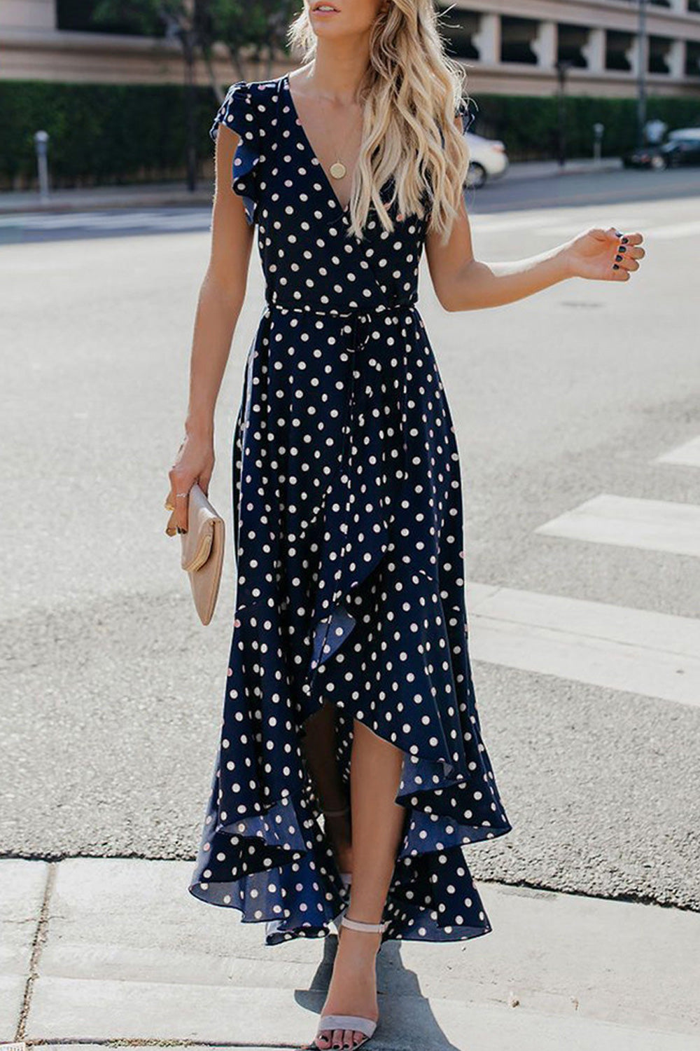 Women Deep V-Neck Ruffled Irregular Hem Pretty Polka Dotted Wonderful Dress - C13622ZWD