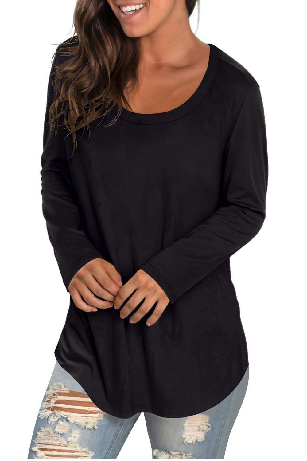 Women Relaxable Solid Pattern Round Neck Comfy Long Sleeve Casual T-Shirt - WSB9592