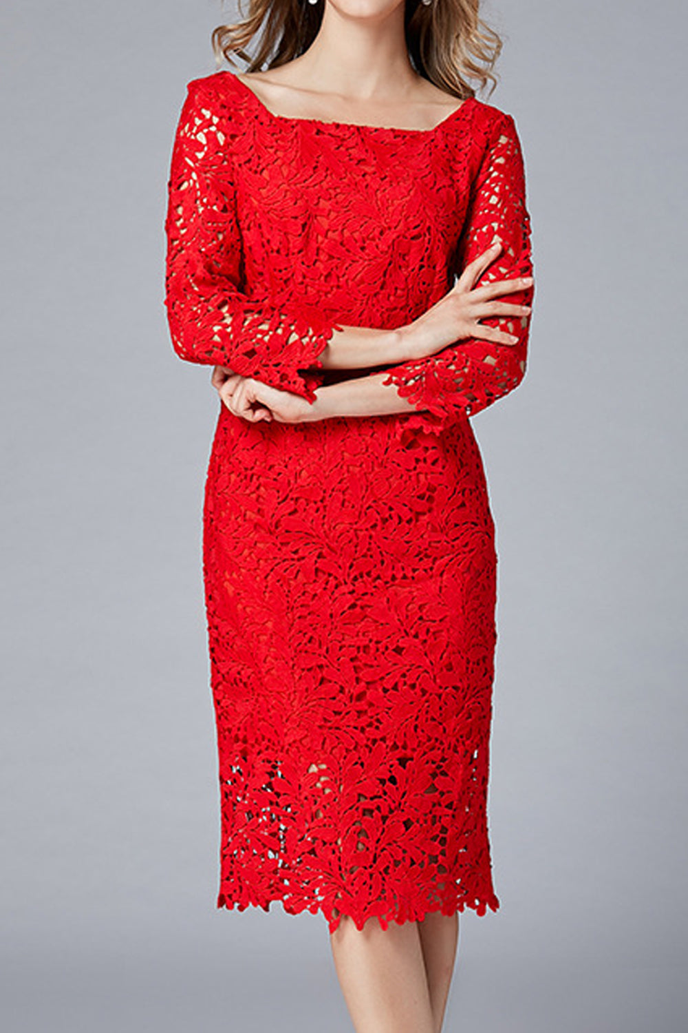 Women Charming Square Collar Red Color Floral Lace Pattern Dress - WD66709