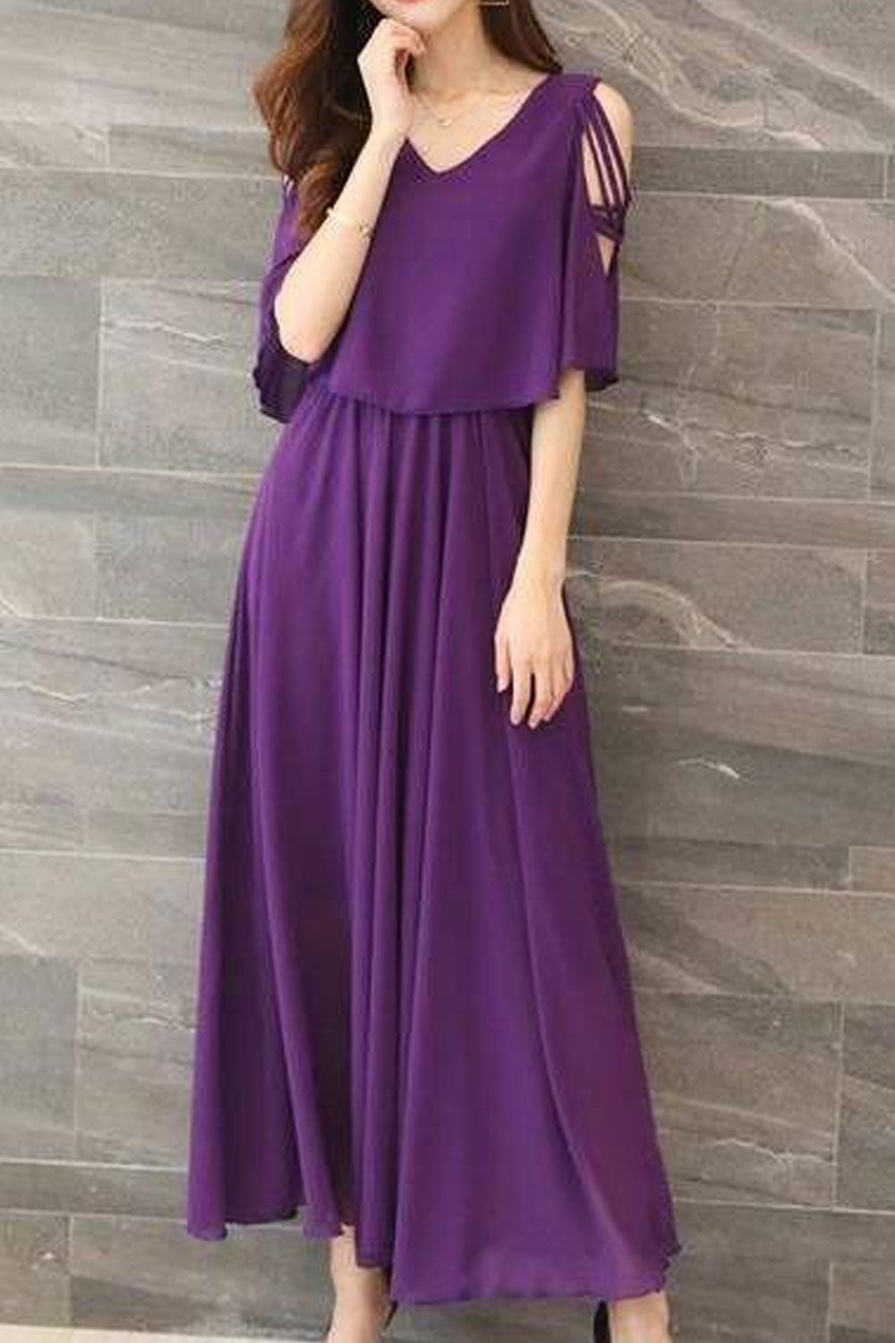 Women V-Neck Shawl Style Pleated Dress - C2487ZWD