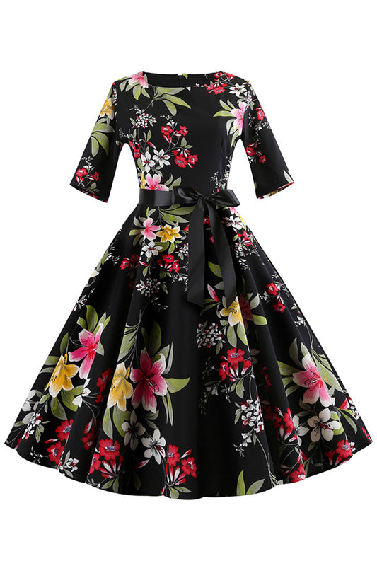 Women Lovely Floral Printed Short Sleeve Round Neck Ribbon Waist Elegant Swing Skirt Dress - WDC60012