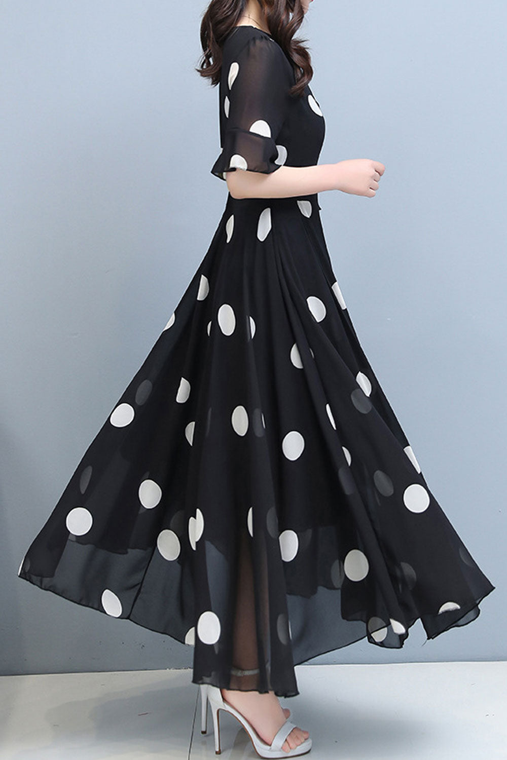 Women Fascinating Polka Doted V-Neck Short Sleeve Slim Waist Lovely Chiffon Long Skirt Dress - WD113401