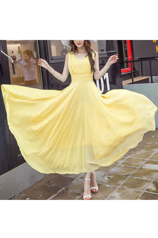 Women Adorable Chiffon Material Constructed V-Neck Sleeveless Lovely Maxi Dress - WD118193