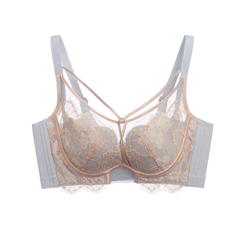 Beautiful breasts with lace gathered big breasts small memory titanium steel ring bc cup thin bra set women's underwear