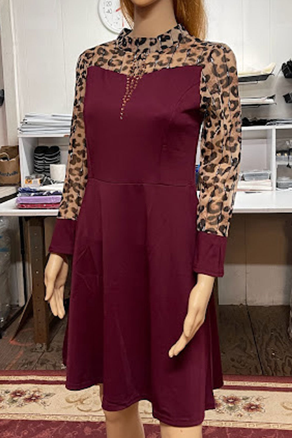 Women Outstanding Leopard Printed Round Neck Slim Fit Comfy Fabric Constructed A-Line Dress - WD118197