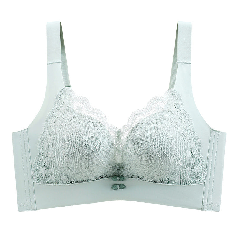 Underwear for women with large breasts showing small and thin adjustable push-up lace seamless and wire-free push-up bra to collect secondary breasts